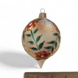 Vintage Commodore Hand Decorated Glass Ornament Red Flowers Gold Glitter